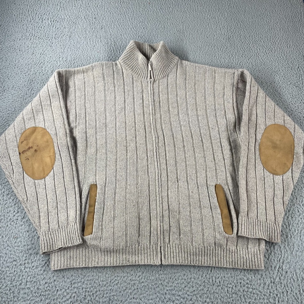 Vintage Orvis Men's Full Zip Wool Cardigan Sweater Suede Patches Long Sleeve L *